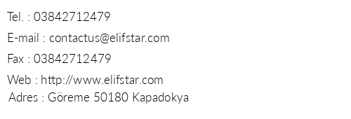Elif Star Cave Hotel telefon numaralar, faks, e-mail, posta adresi ve iletiim bilgileri